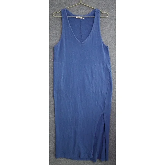 Free People Beach Dress Women Medium Blue Textured Cotton V Neck Slit Hem Maxi - Picture 1 of 5